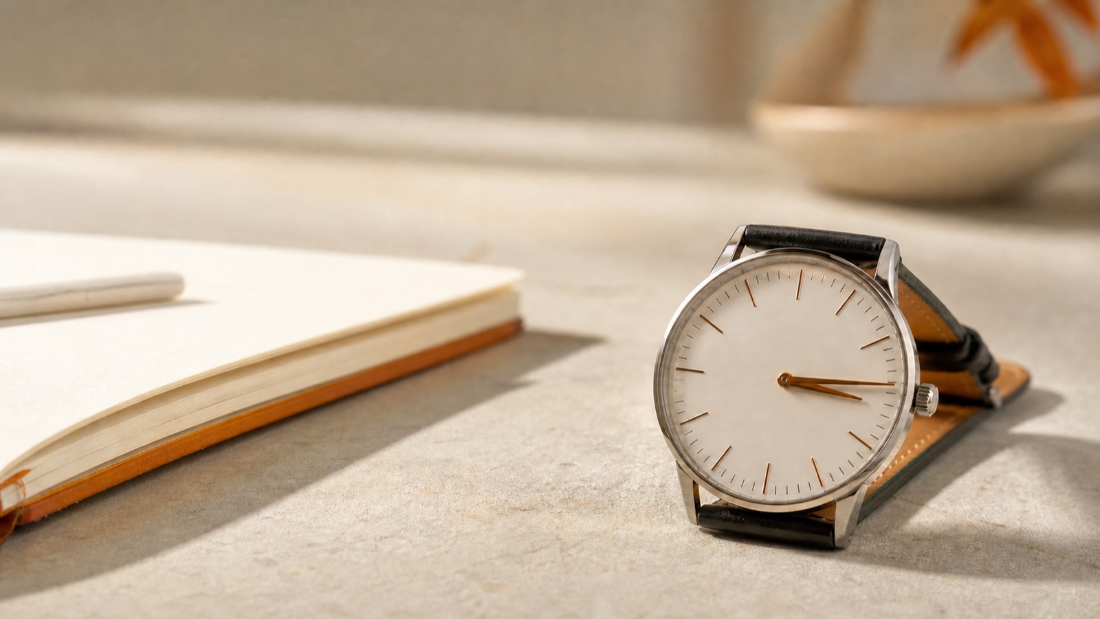 Montre analogique indiquant 15h15 près d’un carnet