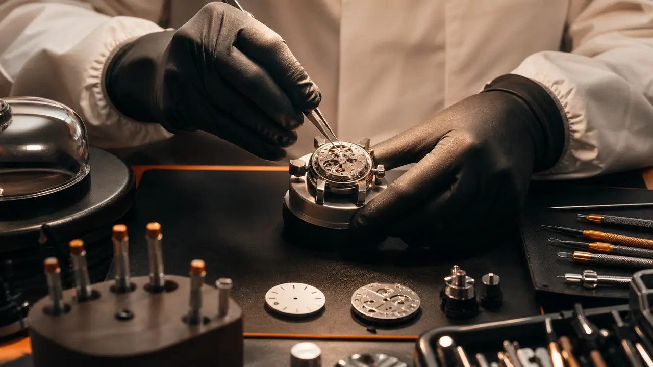Atelier horloger contemporain travaillant sur une montre mécanique