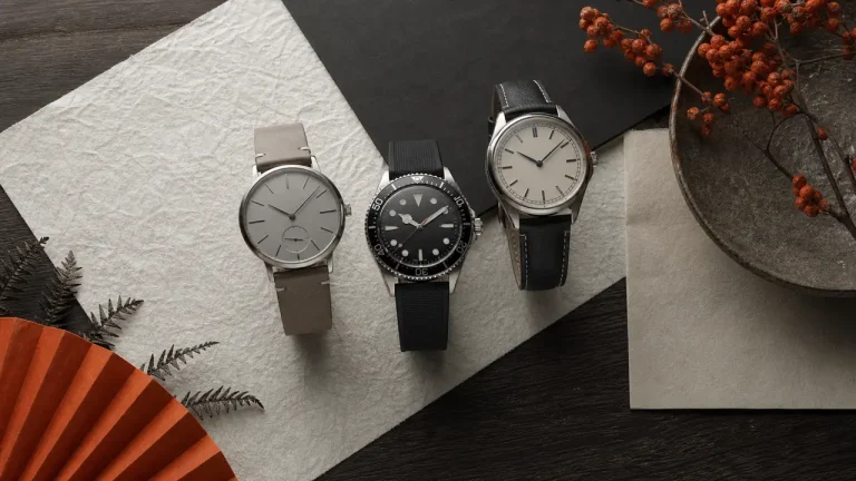 Trois montres japonaises génériques sur papier washi et bois sombre