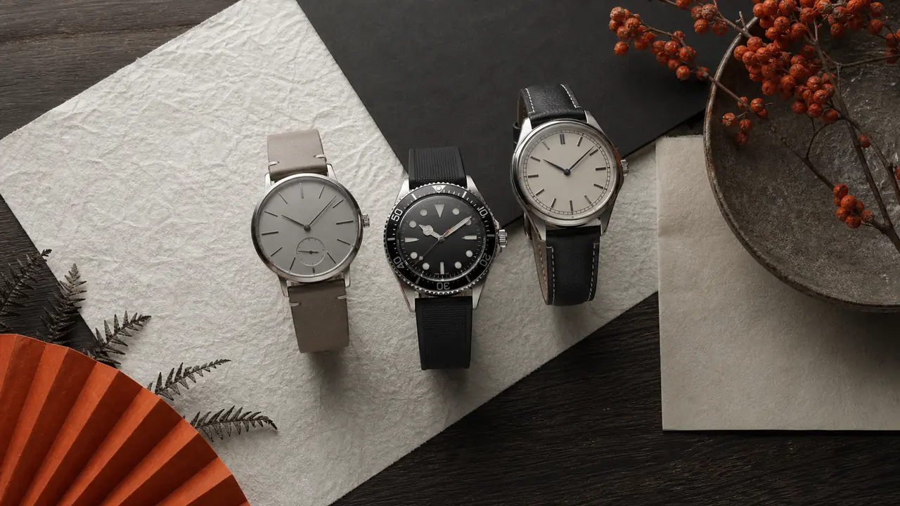 Trois montres japonaises génériques sur papier washi et bois sombre