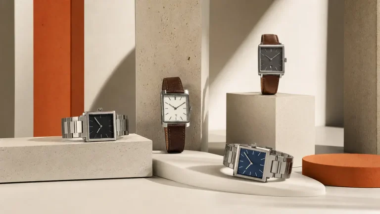 Montres de présentation aux cadrans équilibrés dans un décor crème