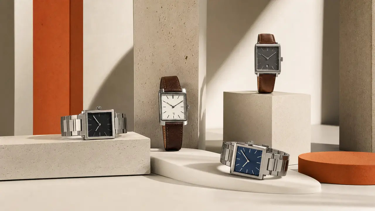 Montres de présentation aux cadrans équilibrés dans un décor crème