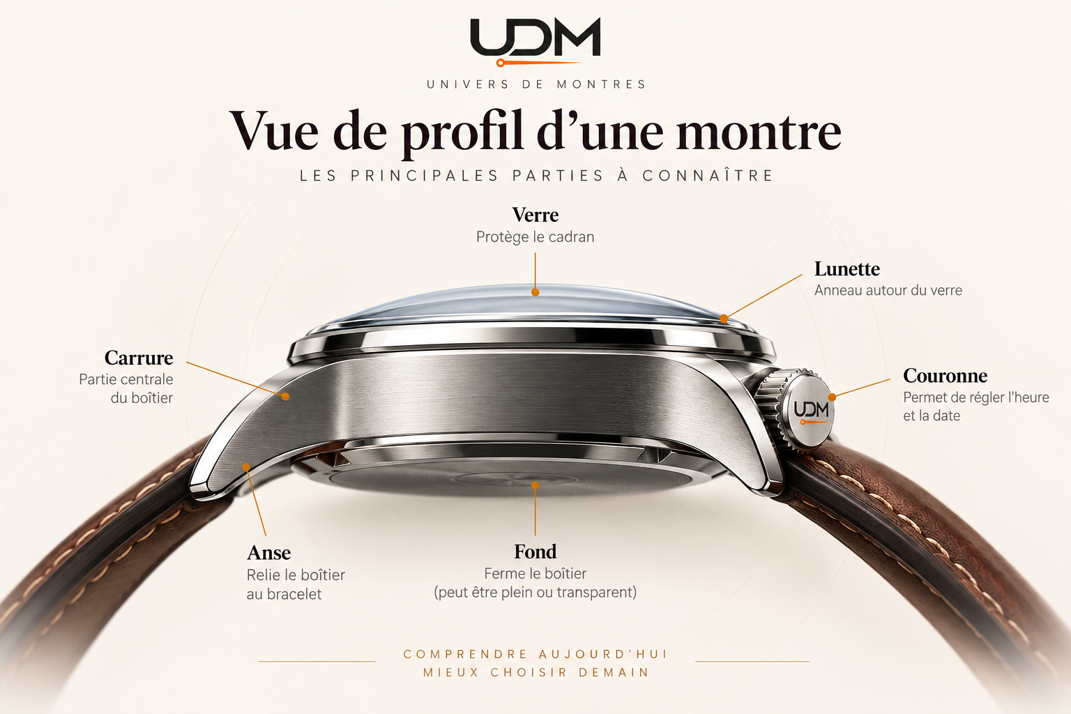 Schéma d’une montre vue de profil montrant le verre, la lunette, la carrure, la couronne, les anses et le fond.