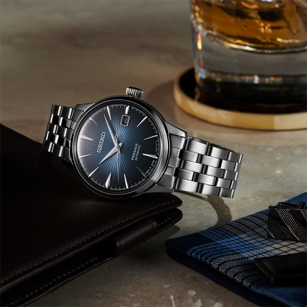 Détail du cadran bleu de la Seiko Presage Cocktail Time