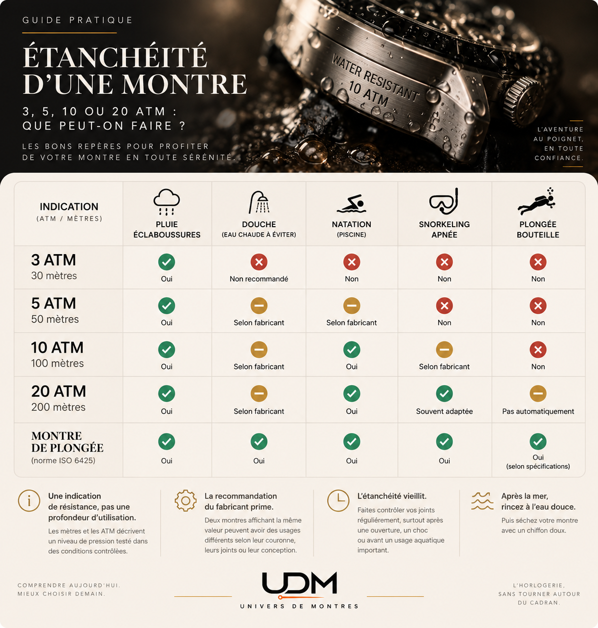 Tableau comparatif de l’étanchéité d’une montre à 3, 5, 10 et 20 ATM pour la pluie, la douche, la natation, le snorkeling et la plongée.