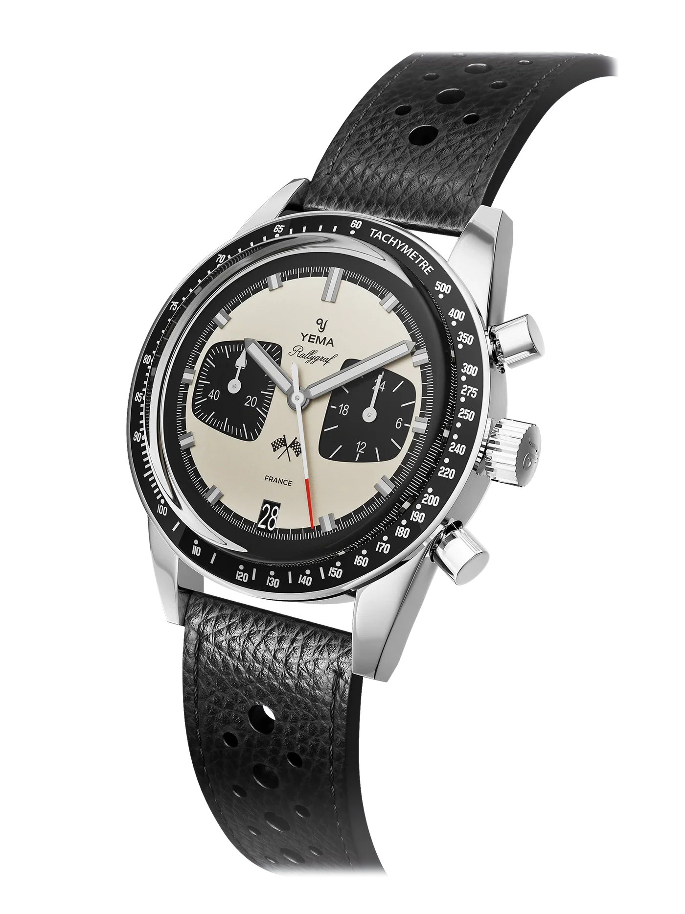 Yema Rallygraf Meca-Quartz Panda vue de trois quarts avec bracelet cuir