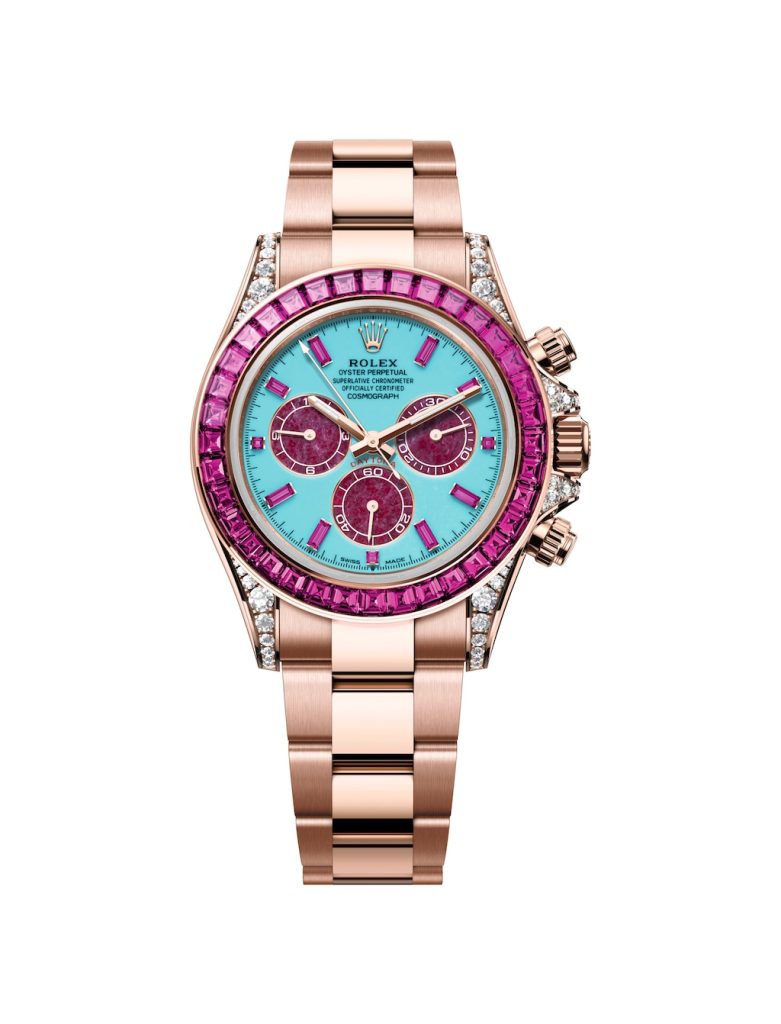 Oyster Perpetual Cosmograph Daytona Ref. 126595 SARO, 40 mm, 18 ct Everose gold. Turquoise dial with counters in heart of ruby and hour markers…