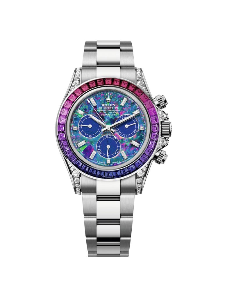 Oyster Perpetual Cosmograph Daytona Ref. 126596 SABV, 40 mm, 950 platinum. Blue opal dial with counters in lapis lazuli and hour markers fashioned…