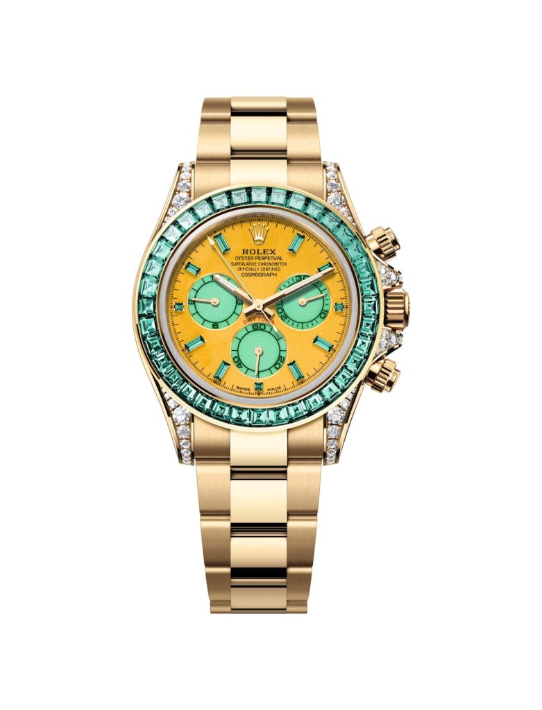 Oyster Perpetual Cosmograph Daytona Ref. 126598 TML, 40 mm, 18 ct yellow gold. Mookaite dial with counters in chrysoprase and hour markers fashioned…