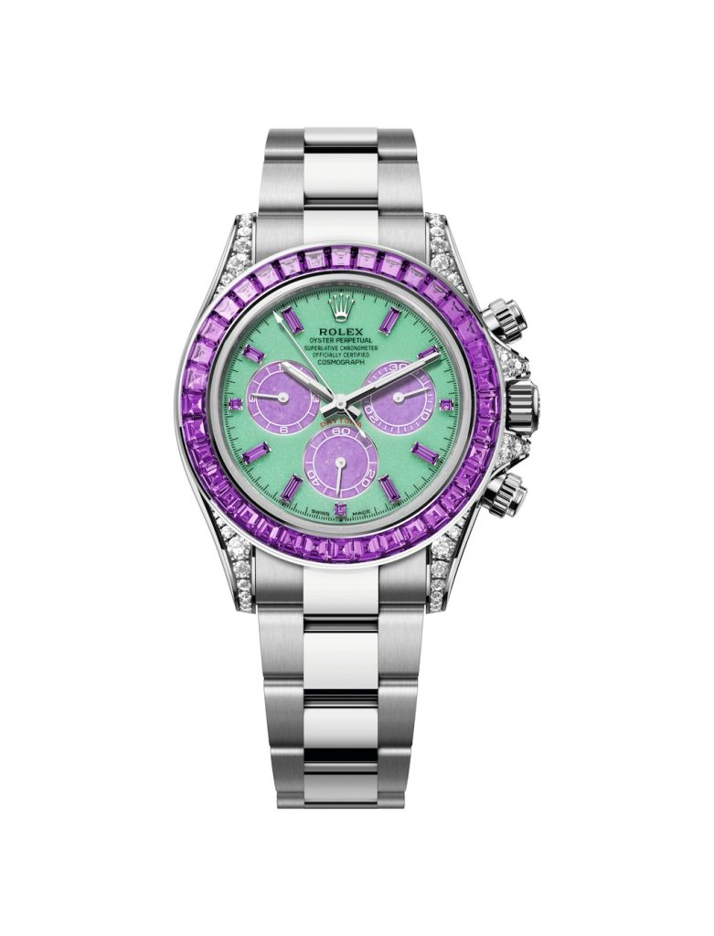 Oyster Perpetual Cosmograph Daytona Ref. 126599 SAVL, 40 mm, 18 ct white gold. Chrysoprase dial with counters in lepidolite and hour markers…