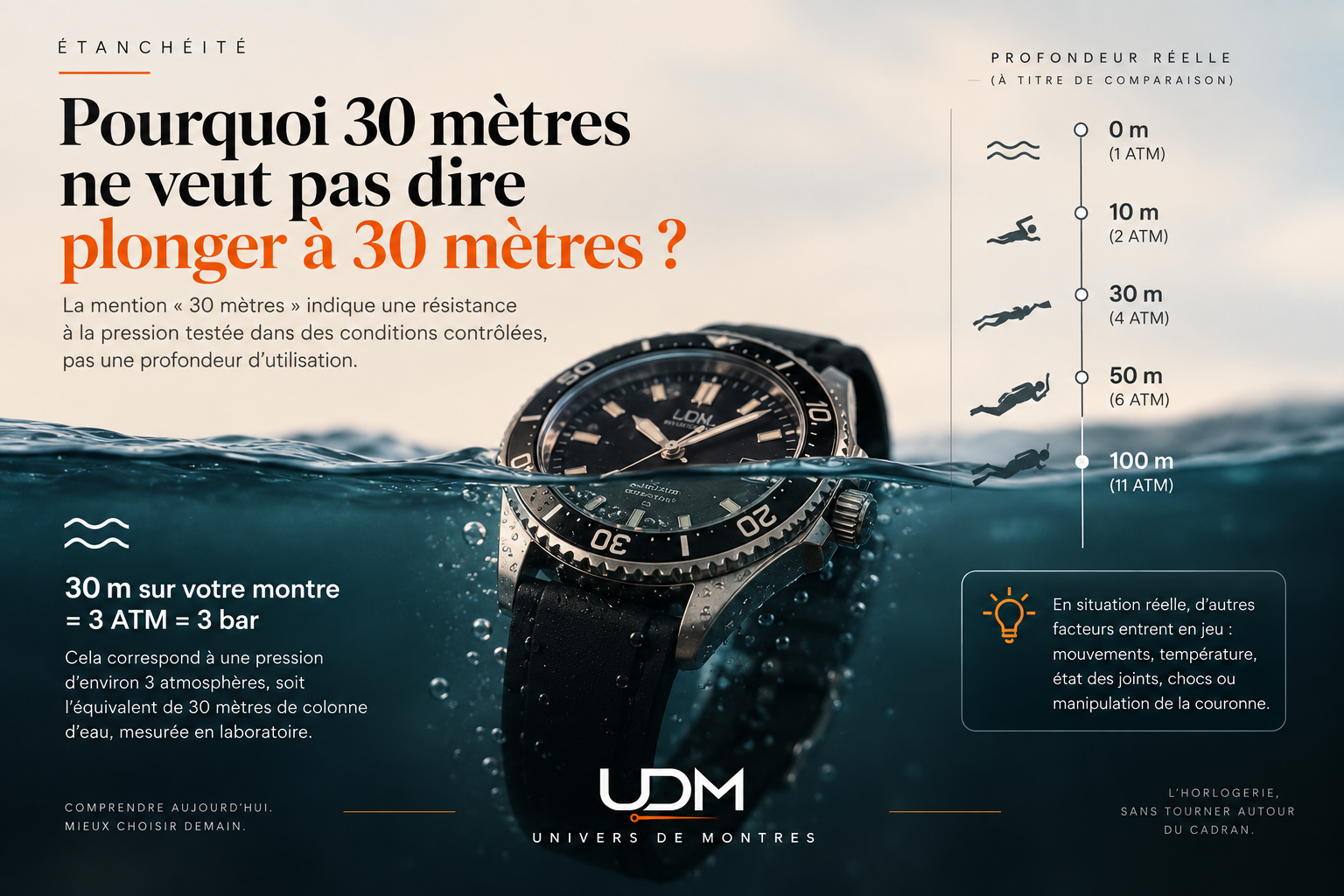 Infographie expliquant pourquoi une montre étanche à 30 mètres ou 3 ATM n’est pas conçue pour plonger à 30 mètres de profondeur.